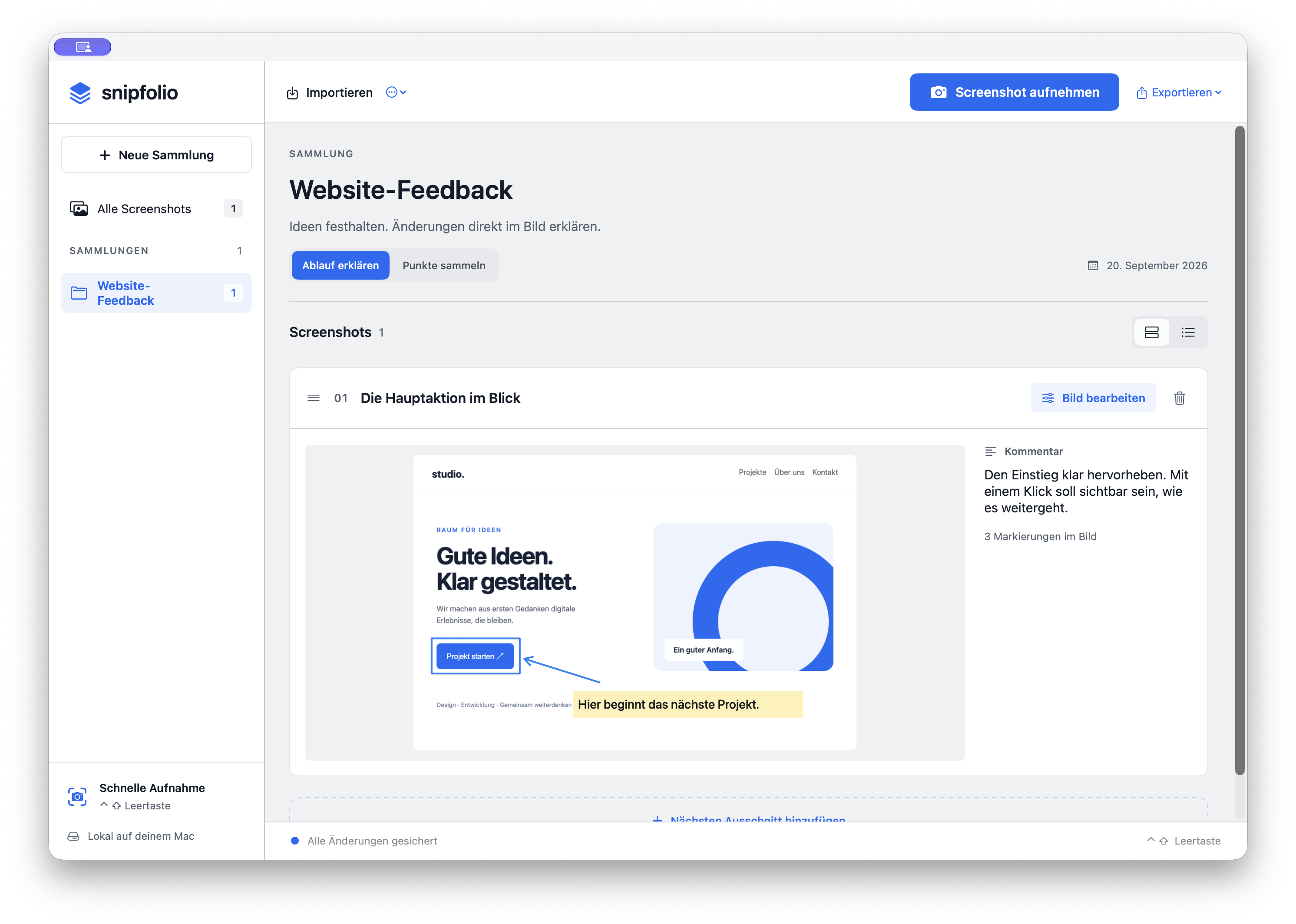 Snipfolio dashboard with a collection of related screenshots and notes