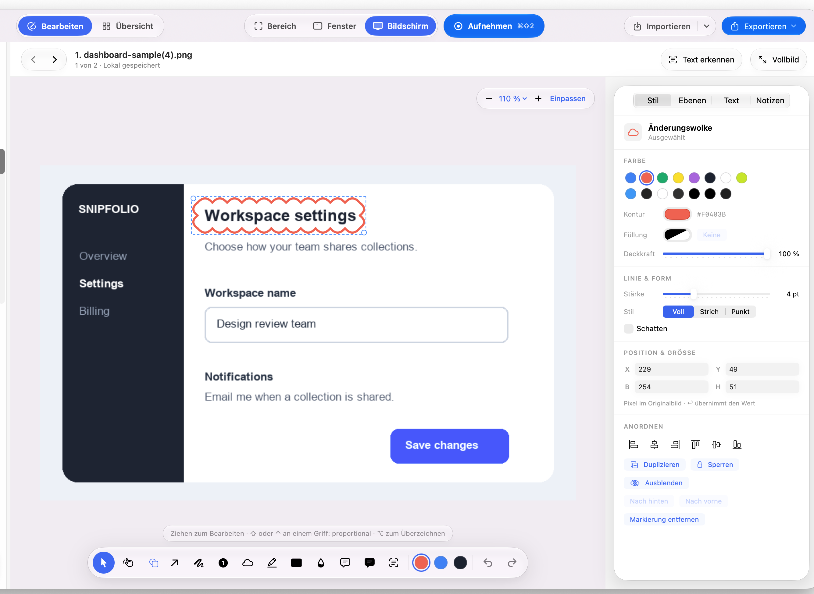 Actual Snipfolio for Mac editor with an editable revision cloud around the Workspace settings heading