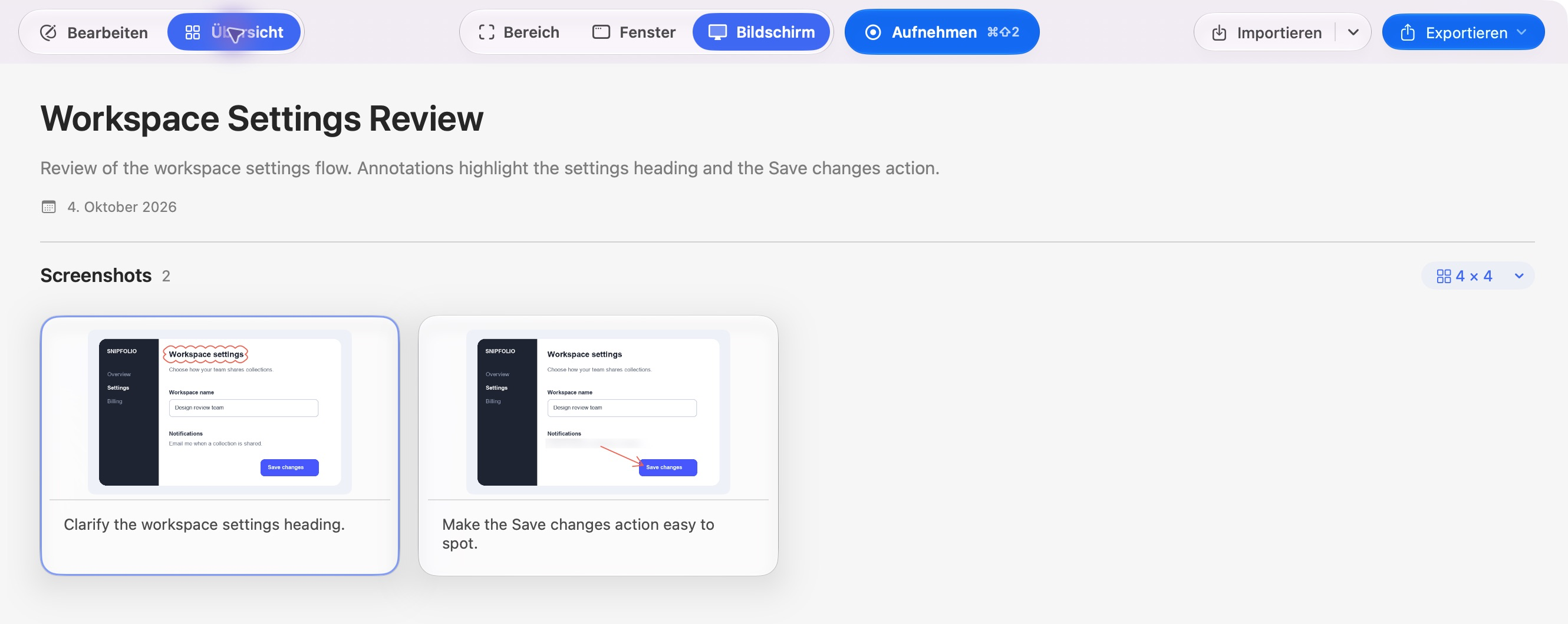 Actual Snipfolio for Mac collection showing two annotated screenshots side by side